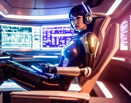 Prompt: a spaceship pilot in a latex suit with robotic arms and legs, laying down in a chair, in a cyberpunk setting, cyborg, implants, high details, realistic , professionally colour graded, photorealism, 8k, grim dark lighting, art by sakimichan
