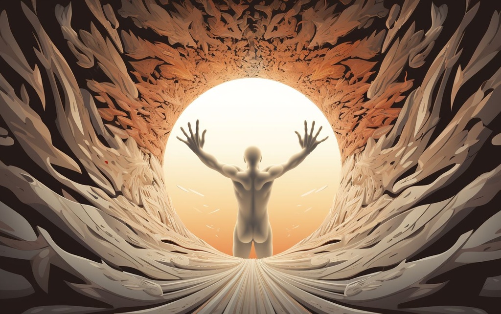 Prompt: vector 3d surreal swirling tunnel made of human hands trying to crab the flying angel