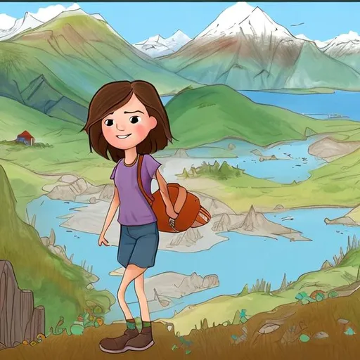 Prompt: Create a children's book cartoons with a brown haired white girl named Jennifer who explores Kodiak Island Alaska