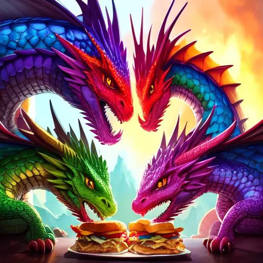 Prompt: Colorful dragons eating sandwiches together, cute face, perfect composition, hyperrealistic, super detailed, 8k, high quality, trending art, trending on artstation, sharp focus, studio photo, intricate details, highly detailed, by greg rutkowski, illustration, watercolor