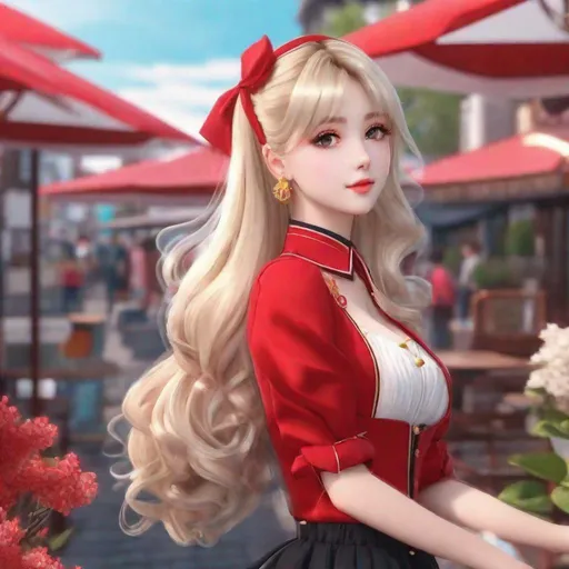 Prompt: 3d anime woman blonde hair, red outfit, vintage americana, aesthetic, cherry earrings, 18 years old, and beautiful pretty art 4k full raw HD