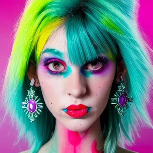 Prompt: In this whimsical and otherworldly photo shoot, we'll be capturing the essence of an acid pixie. Think neon colors, bold patterns, and a touch of edginess.

Our model will be dressed in a mix of vintage and modern pieces, with lots of layering and texture to create a sense of depth and complexity. Accessories like chunky jewelry, spiked heels, and colorful hair clips will add to the overall vibe.

The setting will be a mix of industrial and natural elements, with plenty of graffiti, metal, and concrete juxtaposed with lush greenery and blooming flowers. We'll be using colorful smoke bombs and neon lights to create an otherworldly atmosphere that really brings out the acid pixie's magical qualities.

Camera-wise, we'll be using a combination of wide-angle and macro lenses to capture both the expansive, surreal landscape and the intricate details of our model's outfit and makeup. We'll also experiment with slow shutter speeds and motion blur to create a sense of fluidity and movement.

Overall, this shoot will be a feast for the eyes, with bold colors, whimsical elements, and a touch of darkness. Are you ready to capture the magic of the acid pixie?