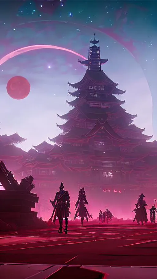 Prompt: blood moon. Moon is the only red in the background. Everything else is in a cosmic color. Samurai holding a sword. Skeletons on floor. Many stars in the background. Dystopian era. Japanese Castle. 