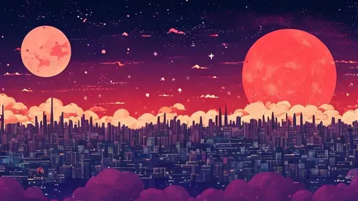 Prompt: night sky, with a red and purple moon, big city, in the style of studio Ghibli