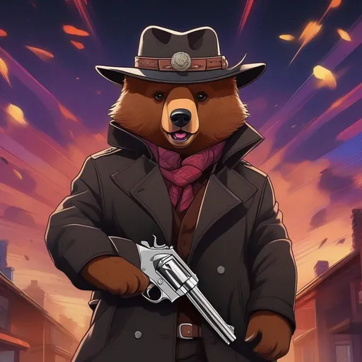 Prompt: cute anime brown bear with fluffy fur in black trench coat and cowboys hat with a psychotic smile in a pistol standoff Dual wielding 2 revolvers lead over the top unloading rounds, bar theme, bullets flying everywhere, vibrant trippy background, zoomed out, aesthetic scars, bloody, hallucinations, power, high definition, professional brush strokes 