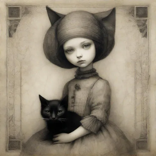 Prompt: Fine art etching portrait of a stylized cute girl and her black cat depicted style combination of Bill Carman, Nicoletta Ceccoli, Amy Earles and Abigail Larson. Calotype print, Pictorialism, Grimdark, frontal facing portrait, extremely detailed, beautiful, Best quality, high definition.