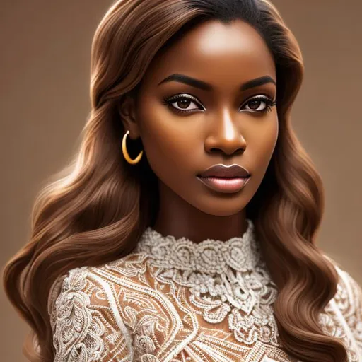 Prompt: portrait, long shot super detailed  illustration, brown skin lady, black hair, beautiful face, dark aesthetic, realistic face, large realistic eyes, smooth soft skin, soft lighting, perfect ratio, symmetrical face, intricate artwork, highly detailed, perfect composition, sharp focus, Wider faced, broad nose, African American, mahogany skin, shoulder length curled gold/blonde hair with white shimmer, Hair in regal updo, green eyes, small doe eyes, upward turned almond eyes, pitying expression, smiling, manga style, wide two toned lips, darker upper lip, overweight, fat, pear shaped body, wide hips, small chest, small feet, darker complexion, arms out towards camera palm up, arms  beckoning, long flowing dress, white, gold, and red dress, low v sweetheart neckline, strapless, full body, by choo hye yep, Mangle, POYO, 