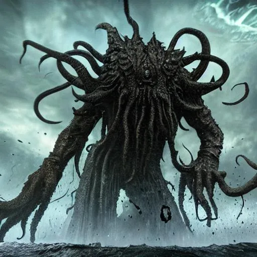 Prompt: Dark art, giant cthulhu, giant god, artstation, hyperdetailed intricately detailed, rendered in unreal engine 5, octane render, other wordly, intricate detail, splash screen, dark colors, 8k, deviantart, digital art, hyper realistic, tourmented souls, lurking menacingly, looking at horizon, suffering, madness, cinematic lighting, 3d ray tracing, colorgrading, detailed textures.