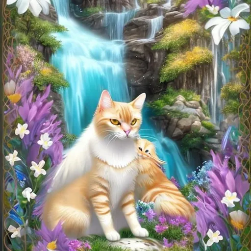 Prompt: Golden tuxedo tabby cat with white dipped paws with large pearl white angel wings sitting in wild flowers next to waterfall 