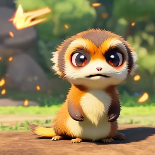 Prompt: Pokémon fire starter that resembles a meercat presented as a screenshot from Pokémon GO 