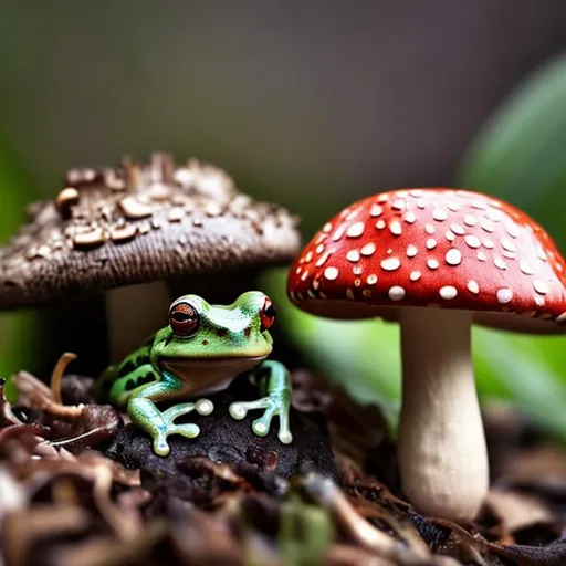 Prompt: a small frog taking refuge under a mushroom in the rain