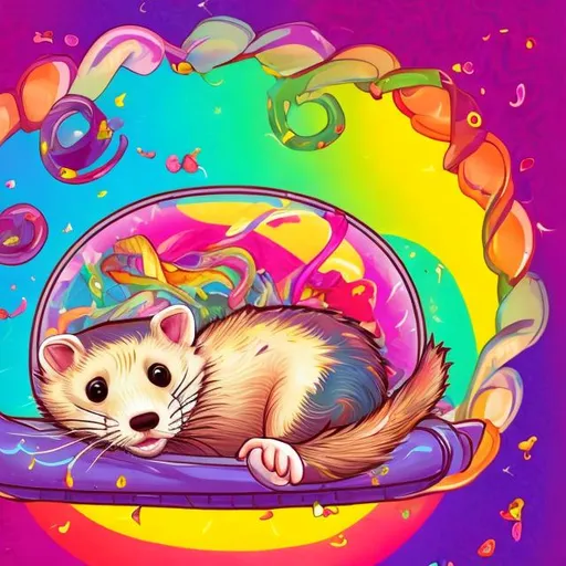 Prompt: Ferret in a bed in the style of Lisa frank