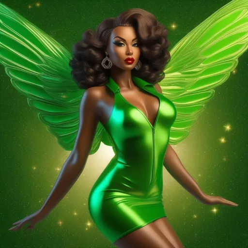 Prompt: pin-up girl brown skin lady 3d art 👽🤖 green glitter fly body pretty flying poseing