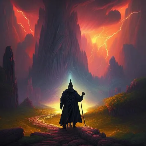 Prompt: fantastic landscape, style: Robert S. Duncanson painting, subject: wizard walking down a path close to camera wearing dark robes, tall wizard staff, subject looking at horizon, obsidian tower, there's a sunset on horizon but a bad storm cell rages ahead, light rays, bokeh. octane render, trending in artstation, deviantart.