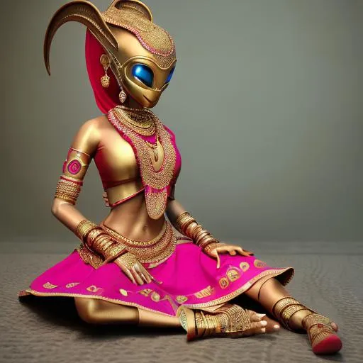 Prompt: alien with Indian traditional outfit dress
, fantasy, detailed full body with, wide photo, sitting on the floor