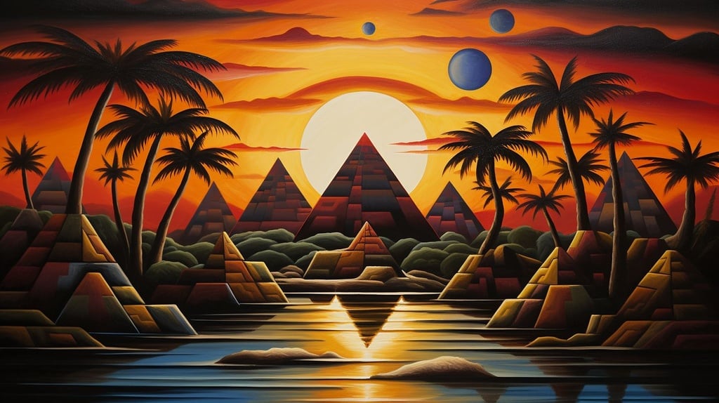 Prompt: pyramids in front of a sunset, moche art creamic