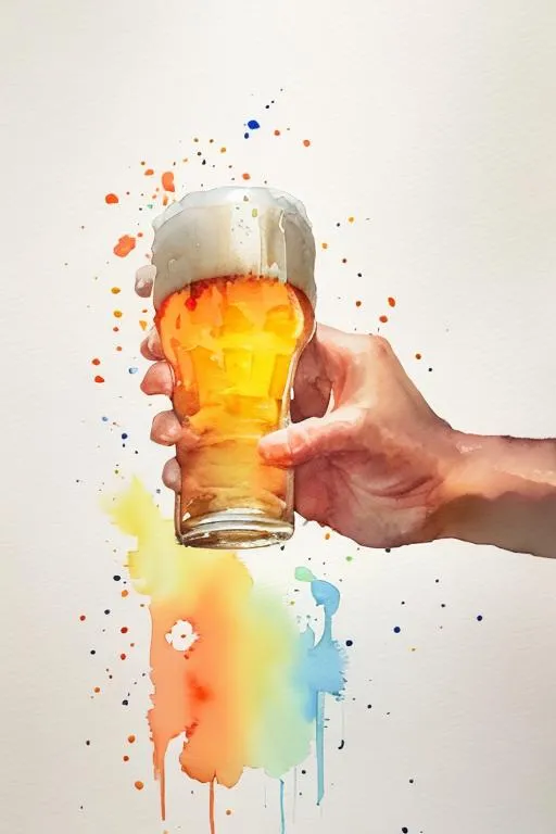 Prompt: watercolor, painting, beer, hand, lighting