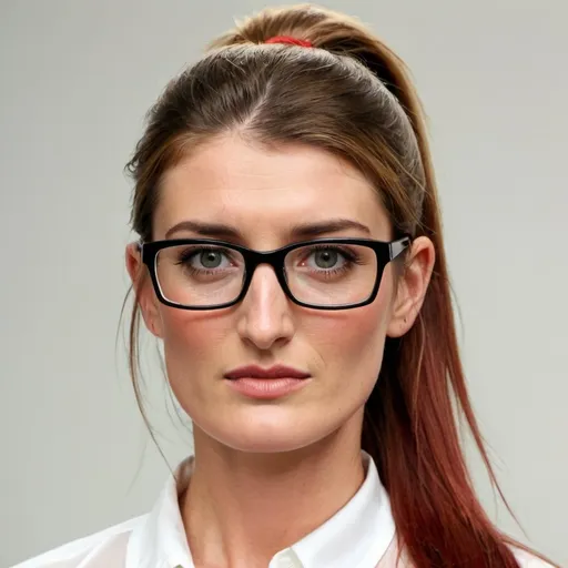 Prompt: Charley Webb in her early thirties with a long red straight ponytail hairstyle, greasy skin, acne, wearing thin spectacles, and a white blouse. upper body shot