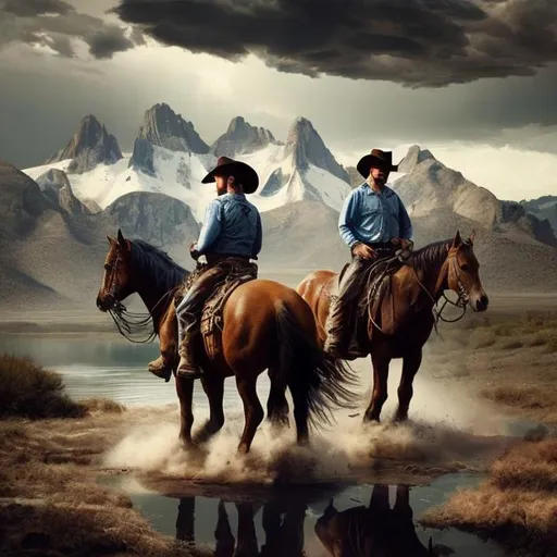 Prompt: Two cowboys riding horses near a lake with a snowy mountain in the background, westernpunk, oil painting, rugged terrain, vintage cowboy hats, dusty atmosphere, dramatic lighting, high quality, detailed horses, scenic landscape, wild west vibes, rustic color palette, atmospheric clouds, detailed boots