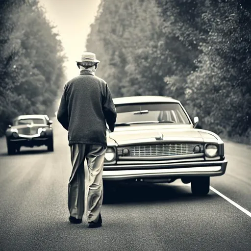 Prompt: Old man, walking stick, car, technology