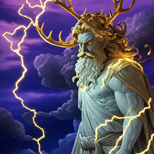 Prompt: stone statue of man, majestic flowing robe, golden highlights, majestic rugged beard, glowing eyes, angry, casting thunder magic, floating in outer space, glowing golden antlers, dark gas clouds, cosmic scene, yellow lightning, masterpiece, ultra hd, 4k, dynamic lighting, photorealistic