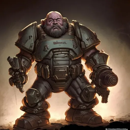 Prompt: Scifi dwarf soldier in power armor, hefting a large caliber machine gun and smoking a cigar, pixar style, dark cave illuminated by flashlight