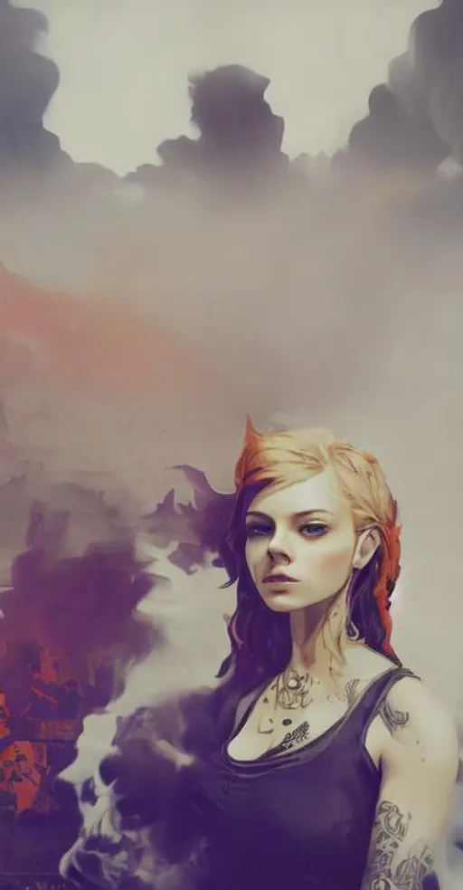 Prompt: Beautiful face, steam punk assassin, wielding axes, standing on skulls, fiery background, tattoos, red, orange