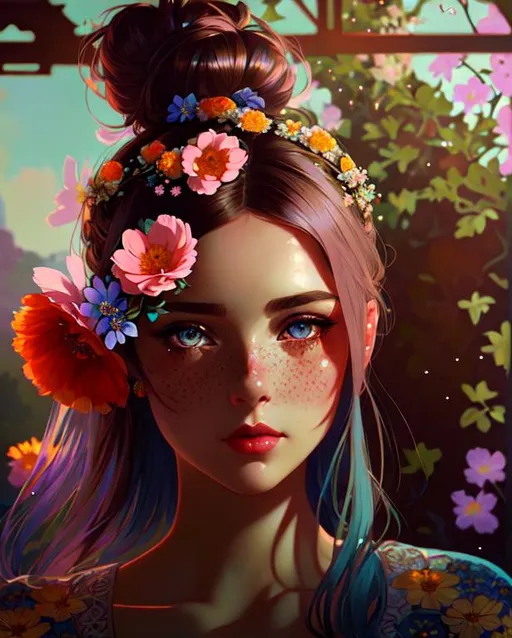 Prompt: cute woman with freckles, high bun, flowers in hair, intricate, detailed face, by Ilya Kuvshinov and Alphonse Mucha, dreamy, pastel colors, honey, red lips, blue eyes, sad, eyes bruises, diadem, tiara, sparkles, clear eyes
