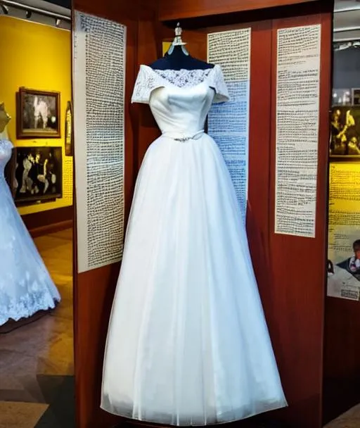 Prompt: photo of a traditional 1950's American wedding dress,  museum display 