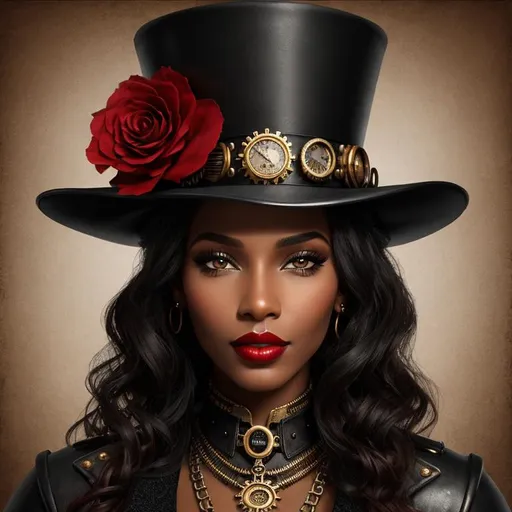 Prompt: black Steampunk woman, pretty face, red lips, tall hat, closeup