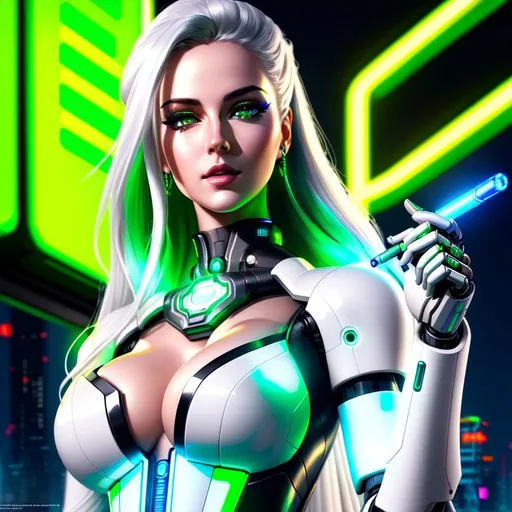 Prompt: A hyper realistic detailed full body image of a robot feminine ((sexy woman)) who has ((green in eyes)), ((electric white in hair)) with ((sexy outfit)) with a plunging neckline, cyberpunk edgerunner, smoking a joint at night, highly detailed, digital painting, Trending on artstation, HD quality, ((Yennefer)), ((by Prywinko)), ((huge breast)), ((sexy)),