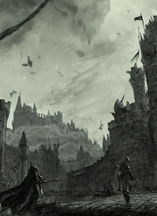 Prompt: Illustration. Dark souls inspired castle in the distance. Corpses in the foreground. 