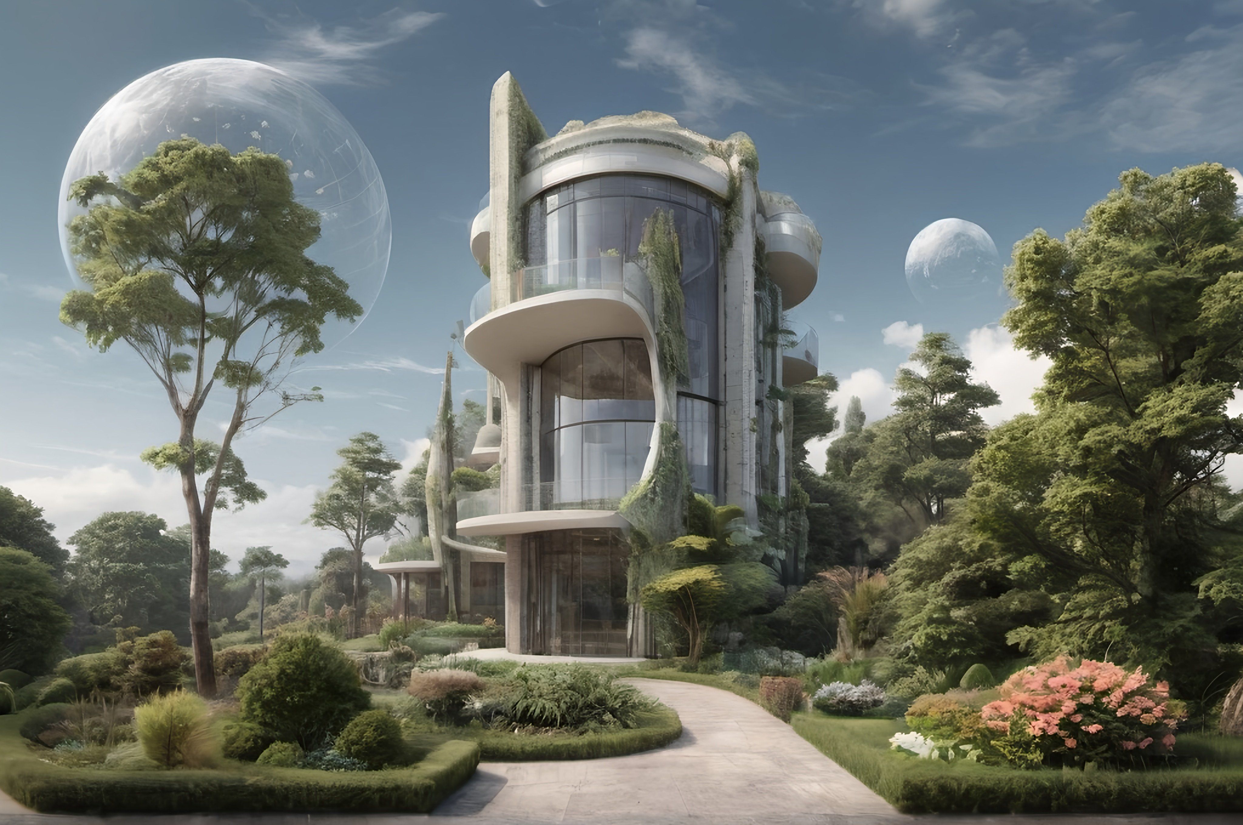 Prompt: a futuristic building with a lot of trees and bushes around it and a walkway leading to it