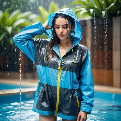 Prompt: photo of young woman, soaking wet clothes, Raincoat ,  , In the pool,   enjoying, water dripping from clothes, clothes stuck to body,  detailed textures of the wet fabric, wet face, wet plastered hair,  wet, drenched, professional, high-quality details, full body view 