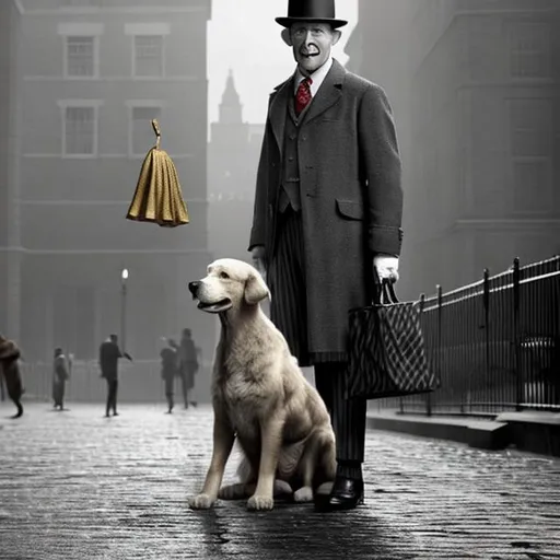 Prompt: An Anthropomorphic big old Golden Retriever dog Mr. Lucky is my father dog wearing dressed as a business officer in great depression london 1934 a Mary poppins returns animated style