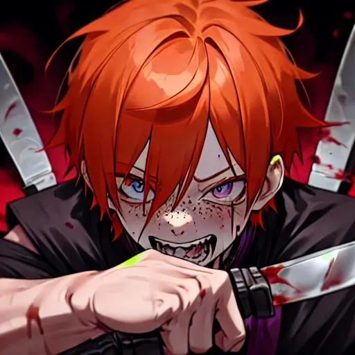 Prompt: Erikku male adult (short ginger hair, freckles, right eye blue left eye purple) UHD, 8K, Highly detailed, insane detail, best quality, high quality, holding a knife up to his face, covered in blood, insane, sadistic, laughing