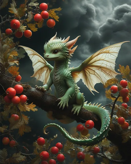 Prompt: Baby dragon, wings spread, perched upon a branch amidst vibrant berries and lush leaves, dark cloudy sky providing a dramatic backdrop, Brom style, capturing intricate scales and whimsical expressions, fantasy art masterpiece, exceptionally detailed painting, rich textures, high contrast, enchanting atmosphere, evoking wonder and magic, perfect for dragon enthusiasts, 4K quality image.