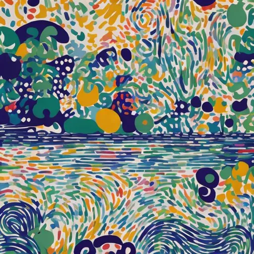 Prompt: Blending the color palette of post-impressionism with the bold patterns of Marimekko and Josef Frank, this design transforms into an impressionist fusion. Brushstrokes and shapes dance together, evoking the spirit of artists like Seurat and Signac, while maintaining a contemporary and lively pattern.