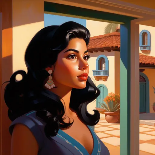 Prompt: Third person, gameplay, Mexican-American girl, olive skin, black hair, brown eyes, California, 1950s, mansion, sunny hot weather, warm atmosphere, cartoony style, extremely detailed painting by Greg Rutkowski and by Henry Justice Ford and by Steve Henderson 

