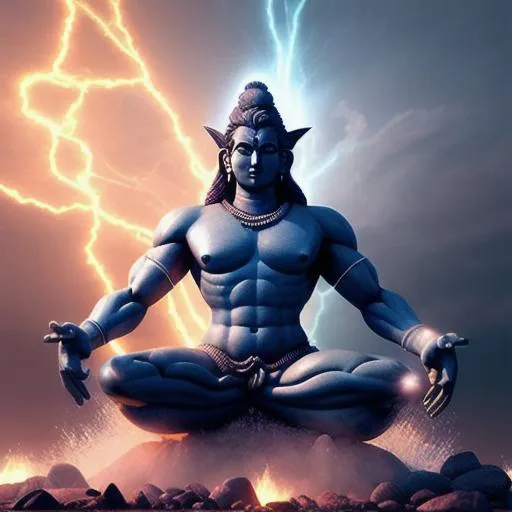 Prompt: God Shiva erupting from tidal tsunami, armed with weapons, hd, hyperrealism, glowing eyes, powerful aesthetic, unreal engine