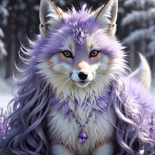 Prompt: (Best quality, highly detailed, professional oil painting, epic digital art, masterpiece:1.5) Highly detailed portrait of a beautiful wise silvery-lavender ((fox)), (quadruped), gleaming {amethyst eyes}, sharp 8k eyes, thick extravagant glistening lavender fur covered in frost, extravagant bushy tails, voluminous frosted mane, (plump), {purple mountain peaks}, (brilliant auroras), glistening (moonlight), pink twilight sky, UHD, HDR, studio quality, vibrant, cold colors, neon colors, vivid colors, full body focus, intricately detailed fur, beautifully detailed expressive eyes, intricately detailed face, highly detailed background, highly detailed mouth, vibrant, vivid colors, 64K, 3D, unreal engine, perfect composition, Yuino Chiri