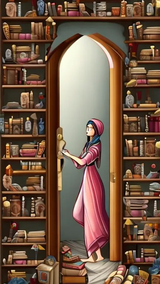 Prompt: Woman opening a door to a room full of books and scrolls"
