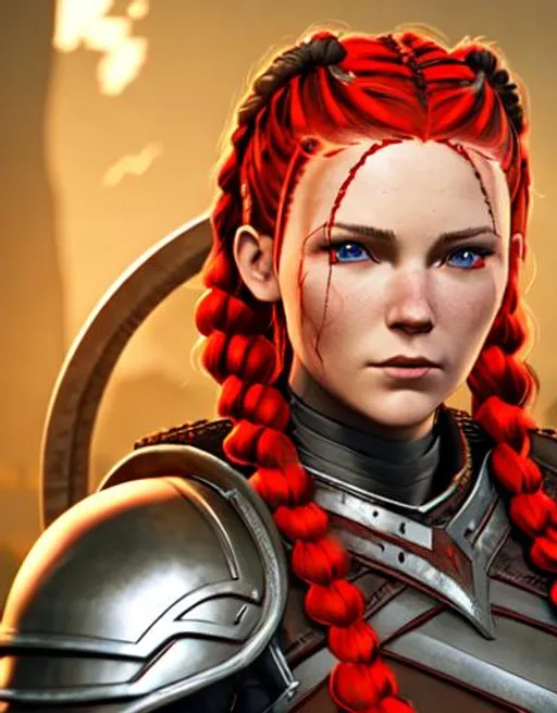 Prompt: Digital art, woman viking, red hair, cornrow braids, blue eyes, black gear, black armor, unreal engine 8k octane, 3d lighting