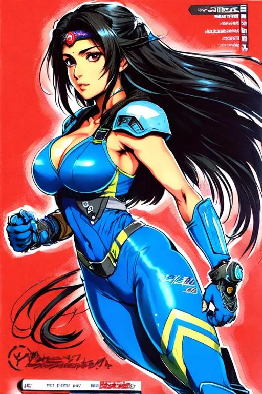 Prompt: character profile sheet (((Yoji Shinkawa))), sticker of ultra detailed portrait of Sadaf Mohammed Sayed  (Indian actress who mainly appears in Telugu, Tamil, and Kannada films) as megaman , blue long hair, high quality cell shaded illustration in Romantic style by Yoji Shinkawa, ((full body portrait)), dynamic pose, perfect anatomy, centered, freedom, soul, blue long hair, approach to perfection, cell shading, 4k , cinematic dramatic atmosphere, watercolor painting, global illumination, detailed and intricate environment, artstation, concept art, fluid and sharp focus, volumetric lighting, cinematic lighting, Art by Yoji Shinkawa,