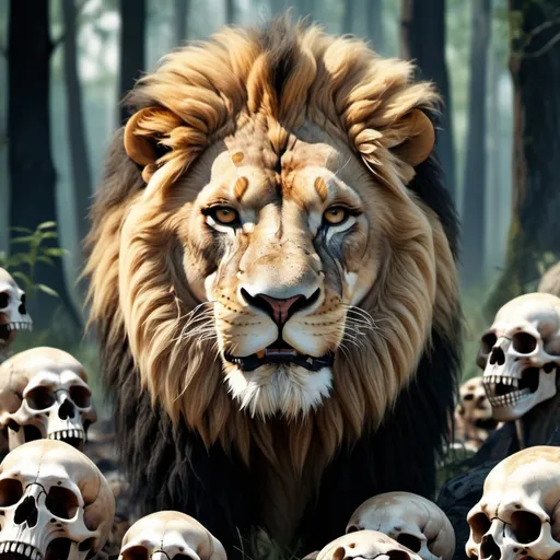Prompt: detailed illustration of lion with roughed look, looking at the viewers, with the angry expression_1.2, with cinematic lighting, background with forest full of some animal skulls,with 8k resolution