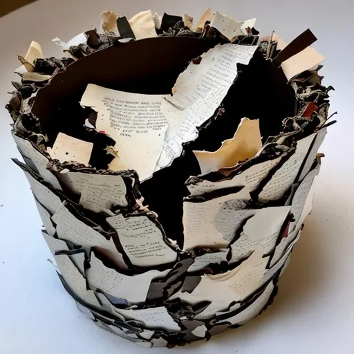 Prompt: ash urn filled with torn burned brittle pages

