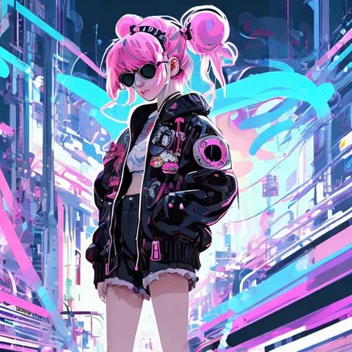 Prompt: wide standing view, full body view, cute petite 21 year old anime girl with curves, pink hair with two braided pigtails, white oval sunglasses, puffy bomber jacket, black cutoff daisy dukes, black combat boots, highly stylized artstyle, exaggerated artstyle, messy artstyle, ducati supersport, background digital painting, abstract neon tokyo background, wide view, digital illustration, extreme detail, digital art, ultra hd, retro vintage style, hd photography, hyperrealism, extreme long shot, telephoto lens, motion blur, wide angle lens, deep depth of field, warm