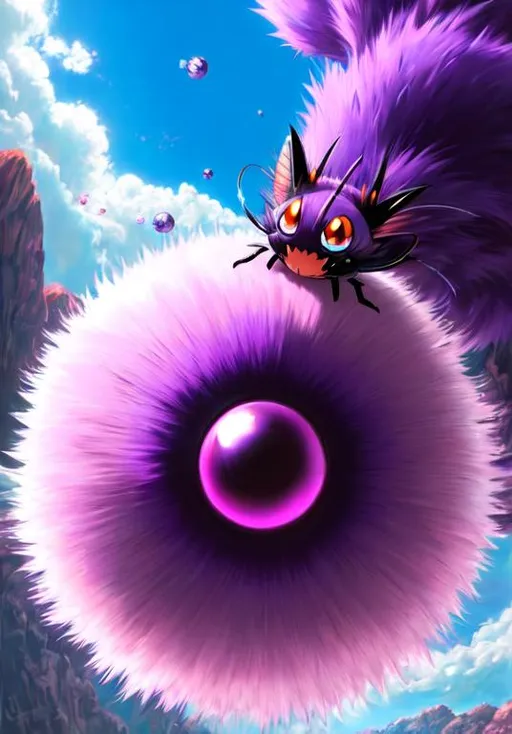 Prompt: UHD, , 8k,  oil painting, Anime,  Very detailed, zoomed out view of character, HD, High Quality, Anime, Pokemon, Venonat is an insect Pokémon with a spherical body covered in purple fur and two purple & pink hexagonal compound eyes. The fur releases a toxic liquid and it spreads when shaken violently off their bodies. A pink pincer-like mouth with two teeth, stubby forepaws, and a pair of two-toed feet are visible through its fur. Its limbs are light tan. There is also a pair of white antennae sprouting from the top of its head. Venonat's highly developed eyes act as radar units and can shoot powerful beams.

Venonat can be found in dense temperate forests, where it will sleep in the hole of a tree until nightfall. It sleeps throughout the day because the small insects it feeds on appear only at night. Both Venonat and its prey are attracted to bright lights.

Pokémon by Frank Frazetta