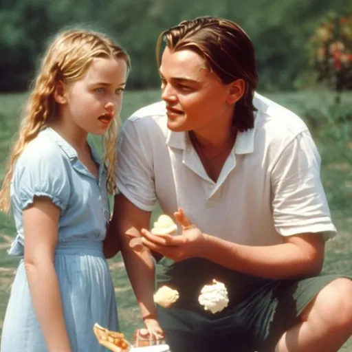 Prompt: a childhood photo of kate winslet and leonardo dicaprio, facing the camera, with an icecream in their hands