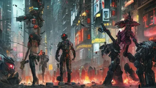 Prompt: Cyberpunk mechs, Riots in the streets, corporate corruption, cities burning, and a single flower in the chaos, tear gas, gas masks, pills, cash money